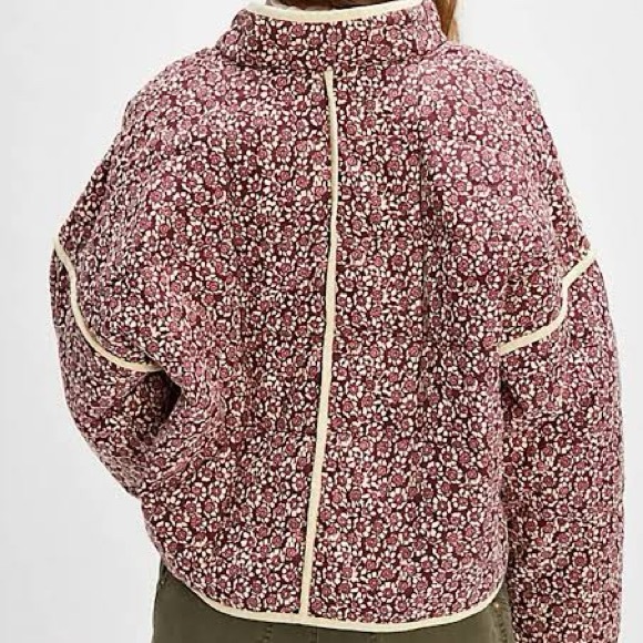Free People Rose Pink Quilted Floral Jacket with Cream Trim - Picture 3 of 3